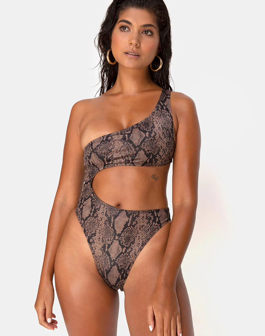 Velo Swimsuit in Snake Taupe - Awmao