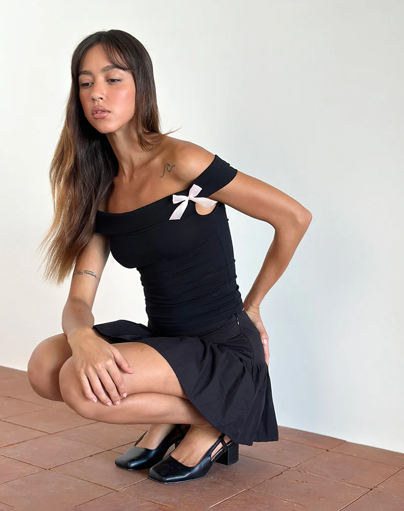 Xiroyi Bardot Top in Black with Pink Bow - Awmao