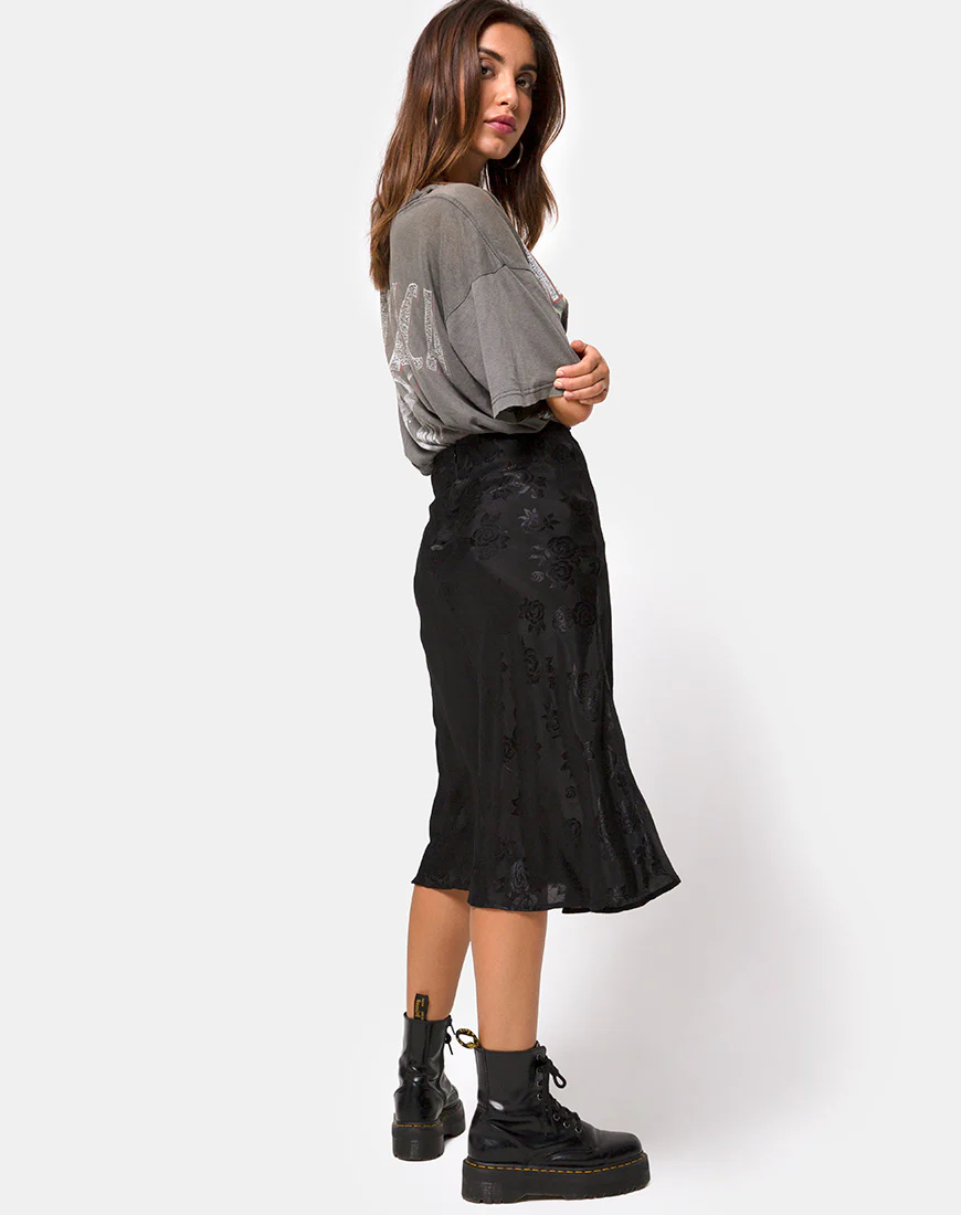 Tauri Midi Skirt in Satin Rose Black - Awmao