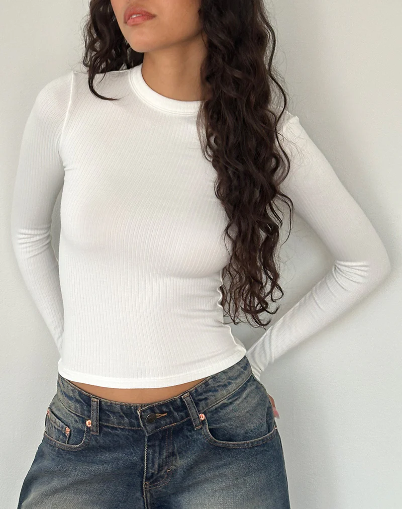Beech Ribbed Long Sleeve Top in Off White - Awmao