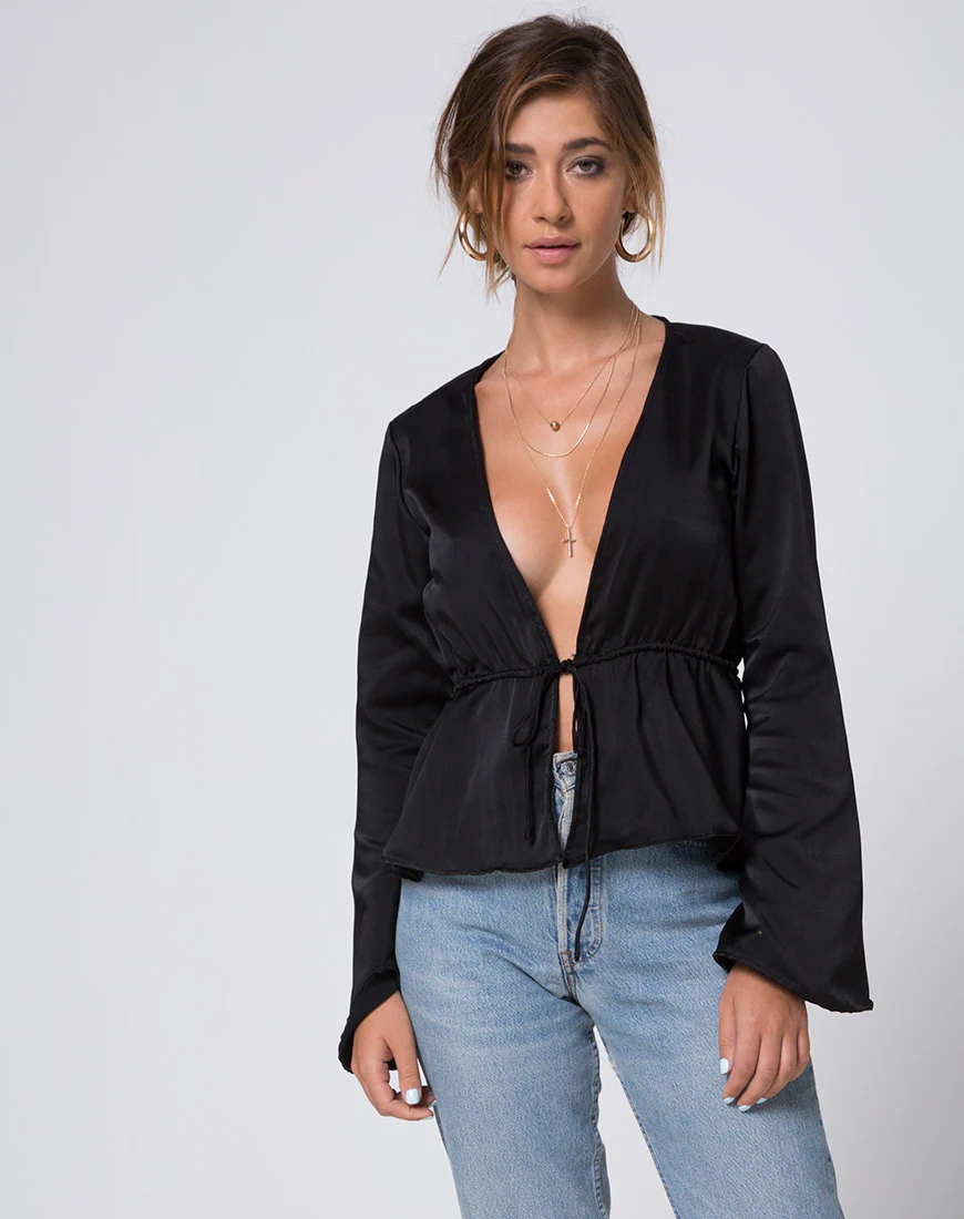 Jelena Plunge Top in Satin Black - Awmao