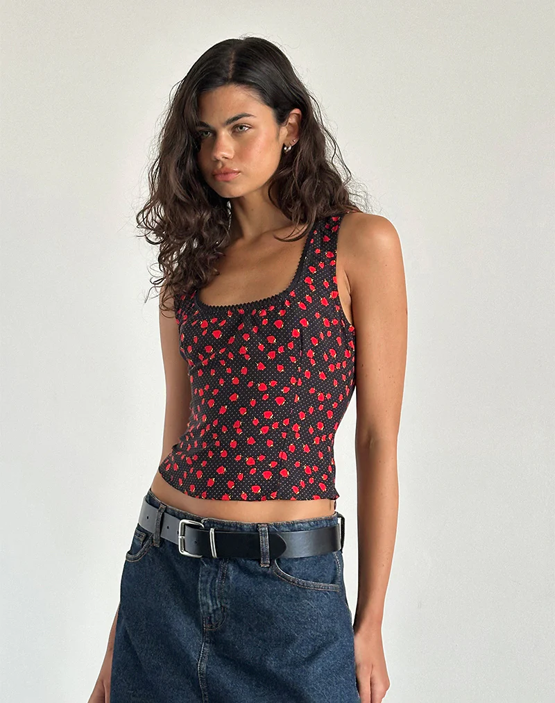Carys Vest Top in Strawberry Polka Black - Awmao