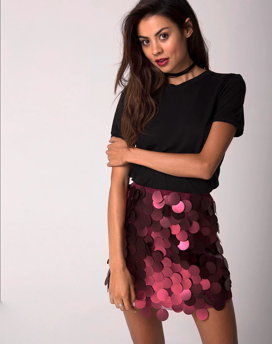 Weaver High Waisted Skirt in Rose Big Disc Sequin - Awmao