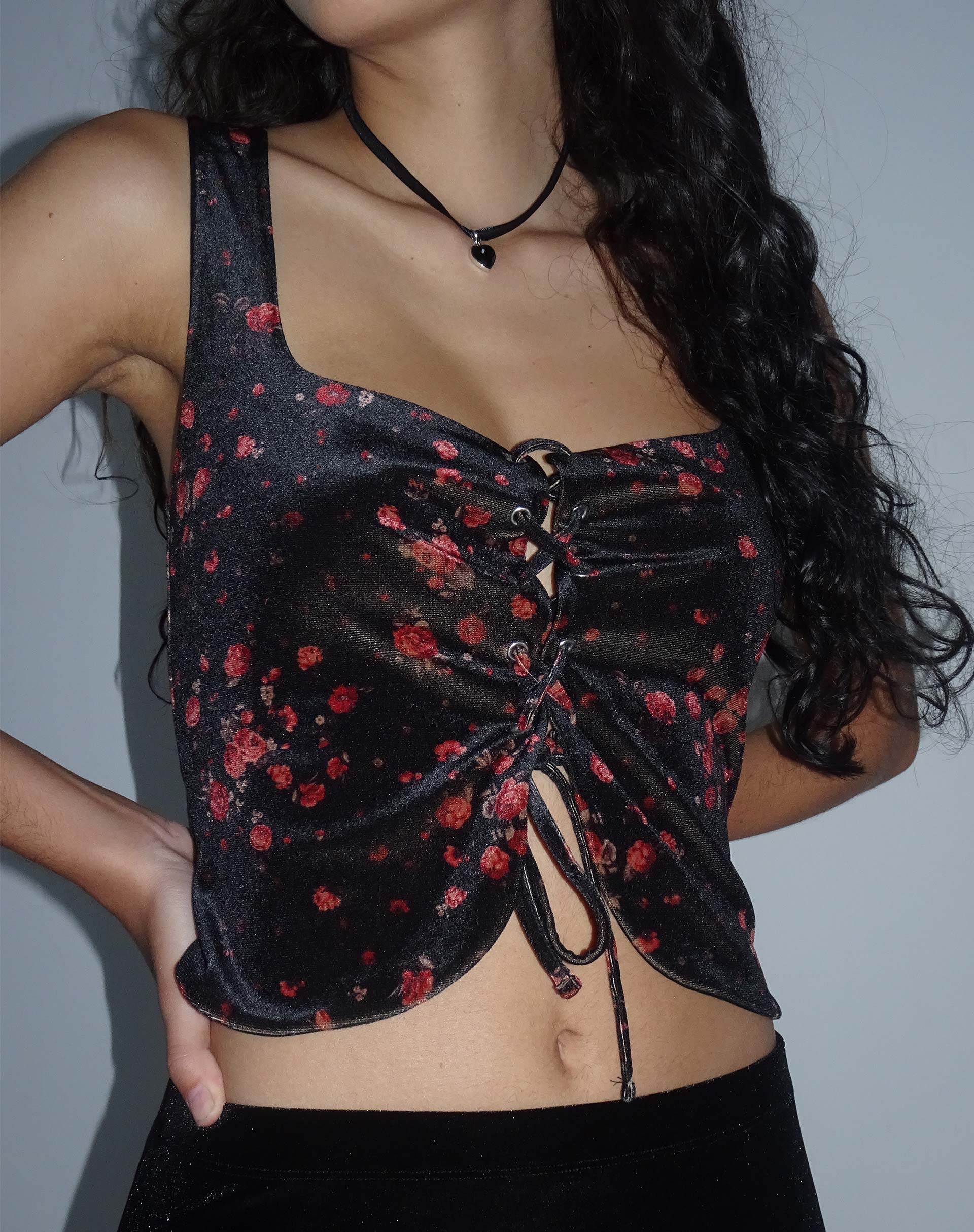 Taula Cropped Corset Top in Rose Cluster Velvet - Awmao