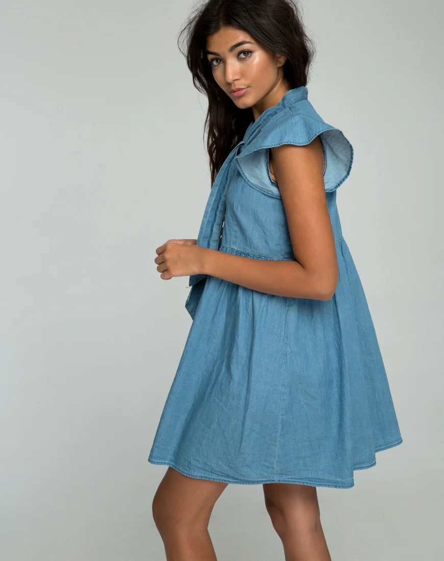 Cloten Babydoll Dress in Summer Wash Denim Chambray - Awmao