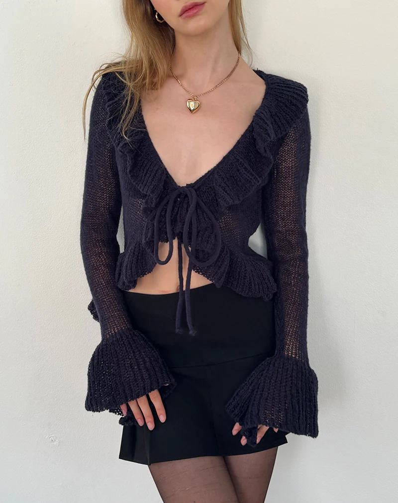 Kendra Ruffle Cardi in Navy - Awmao