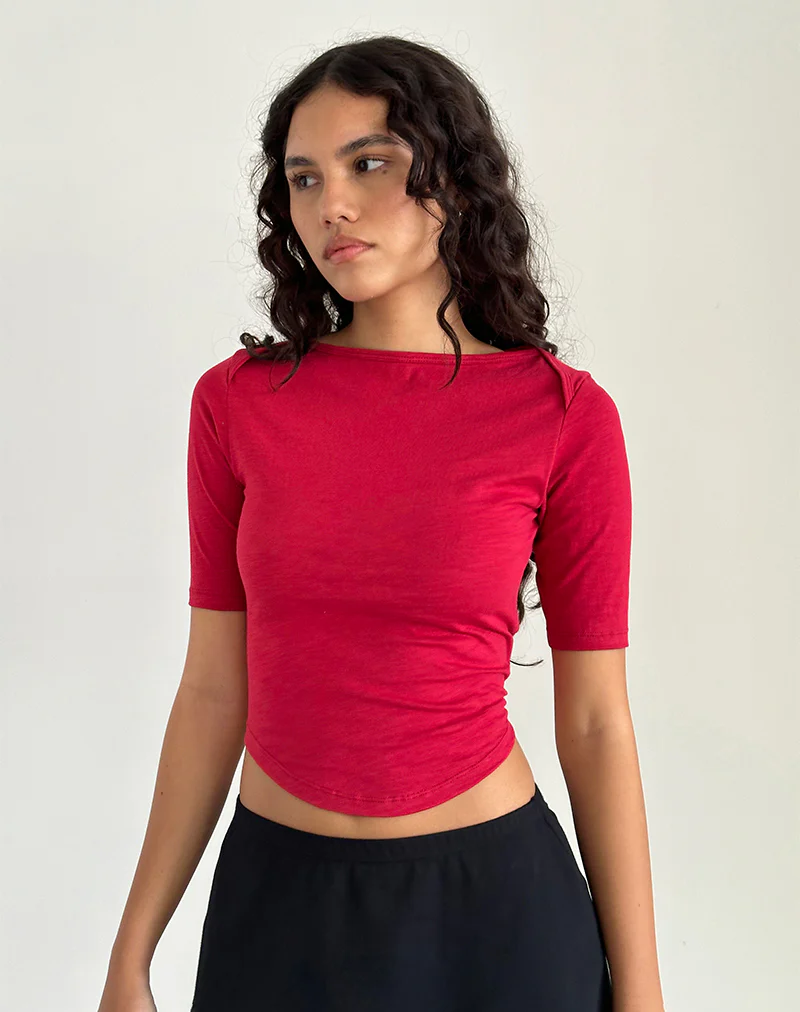 Ralda Curved Jersey Tee in Adrenaline Red - Awmao