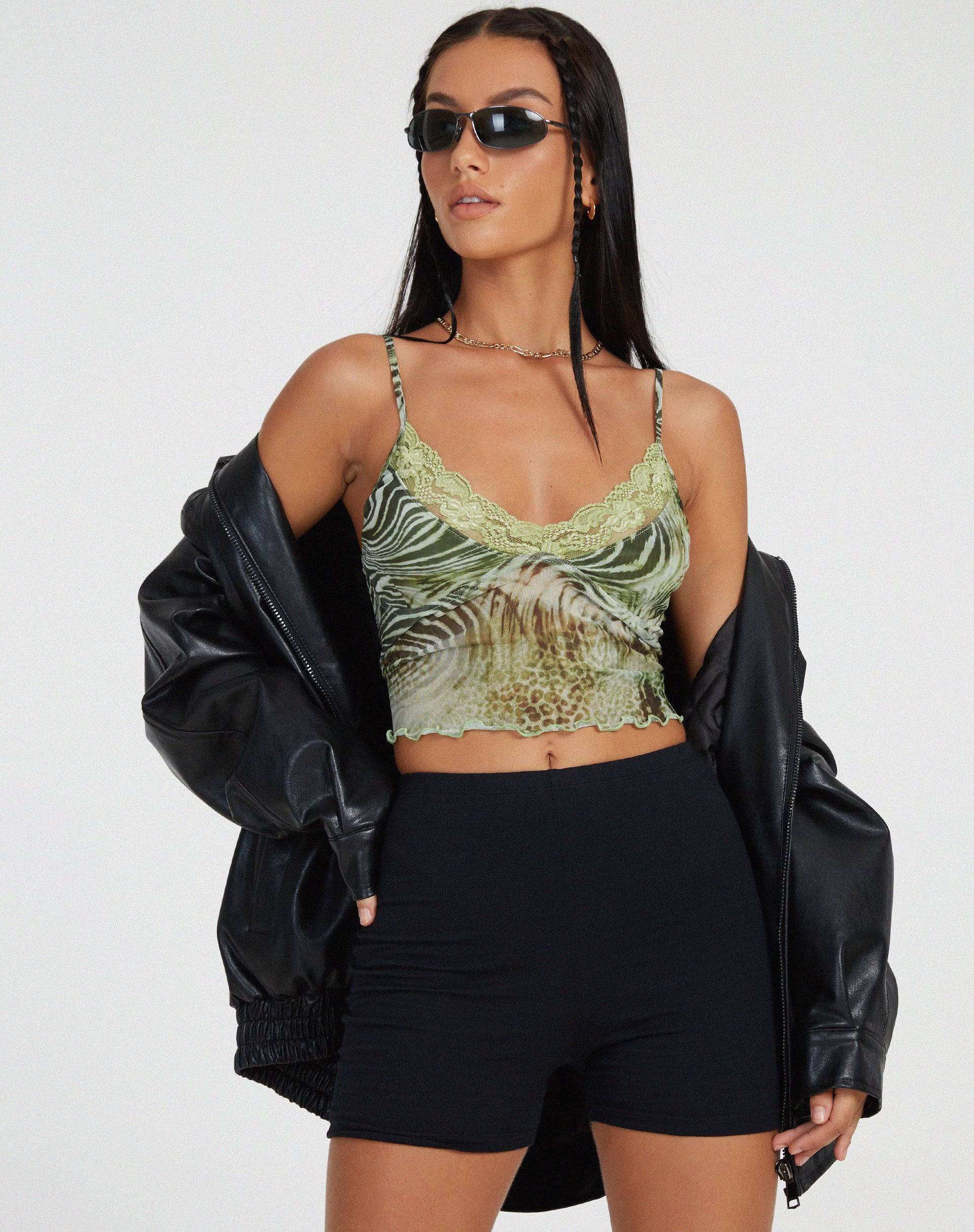 Yenika Cami Top in Mesh Cheetah Green - Awmao