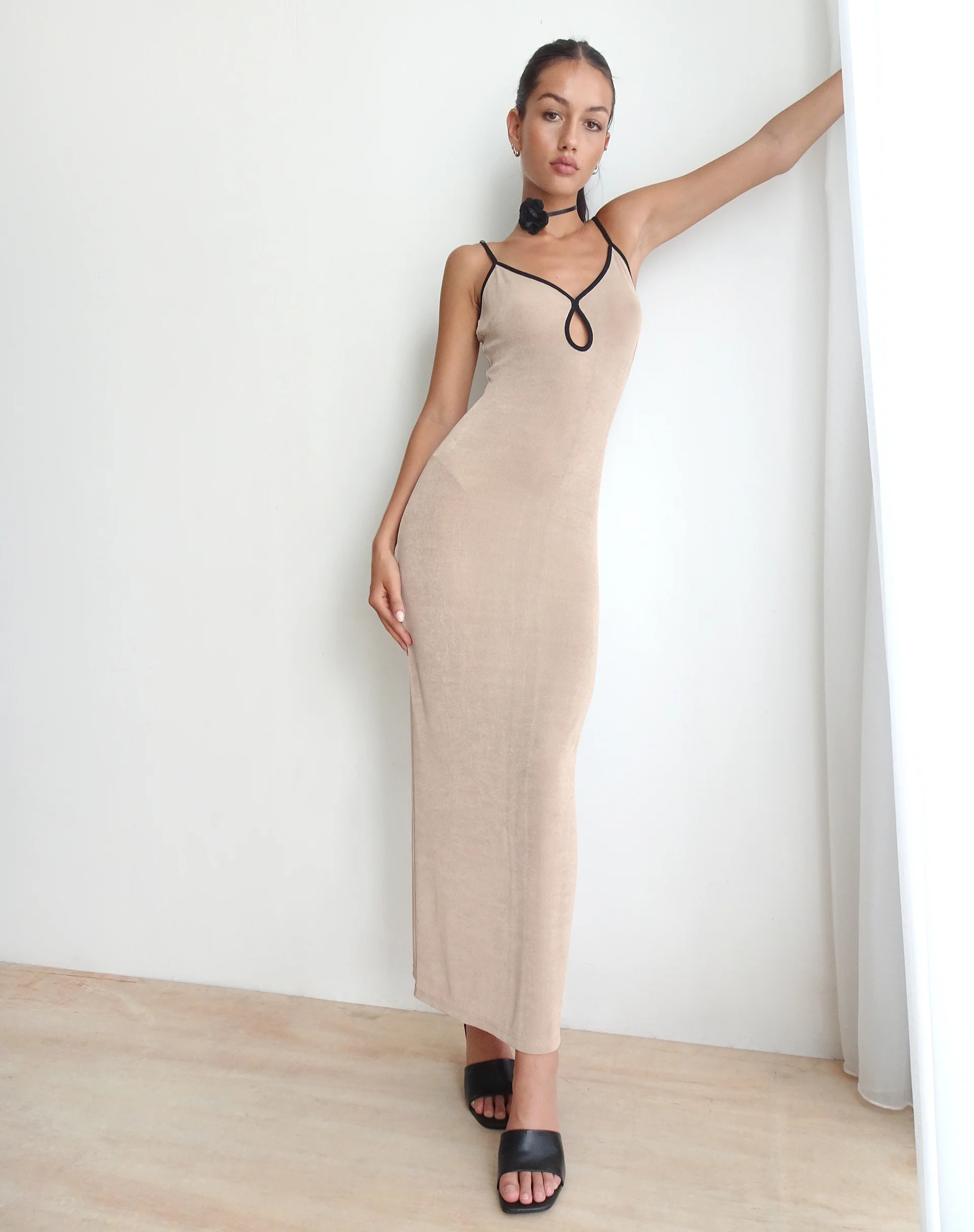 Tahlia Maxi Dress in Champagne with Black Binding - Awmao