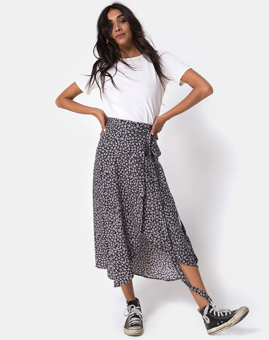 Satha Skirt in Ditsy Rose Black - Awmao