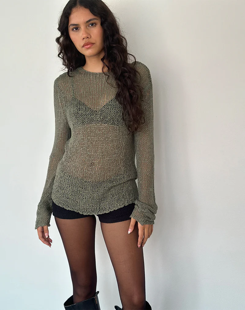 Rajiya Open Weave Jumper in Olive - Awmao