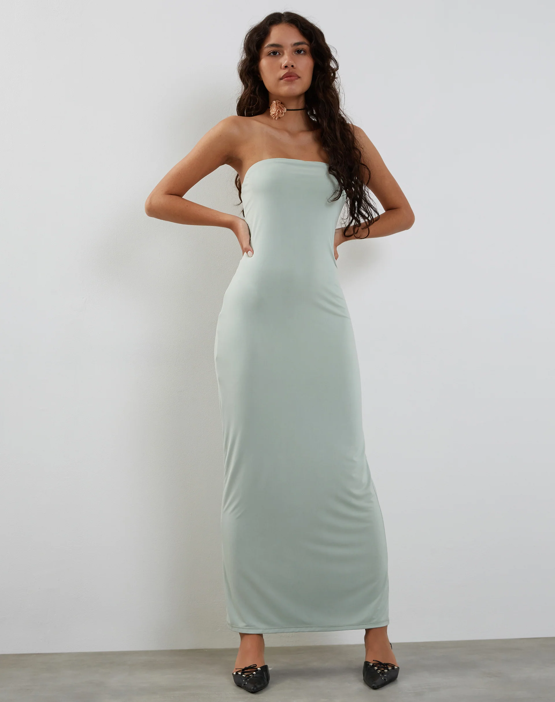 Annalise Bandeau Slinky Maxi Dress in Mint - Awmao