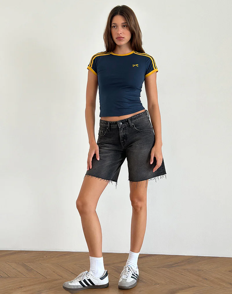 Salda Top in Navy with Mustard Binding and Bow Embroidery - Awmao