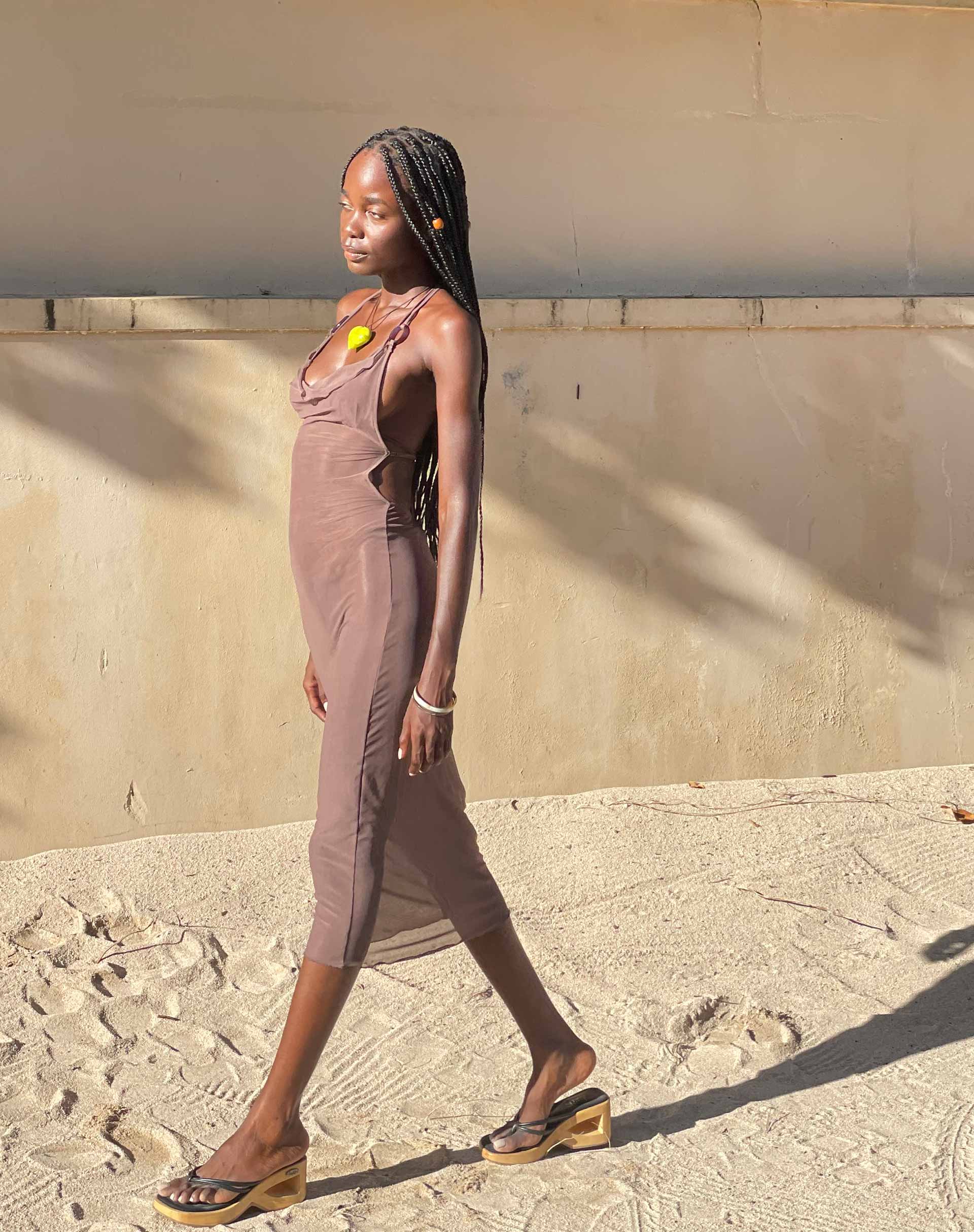 Maysa Midi Dress in Mesh Coffee - Awmao
