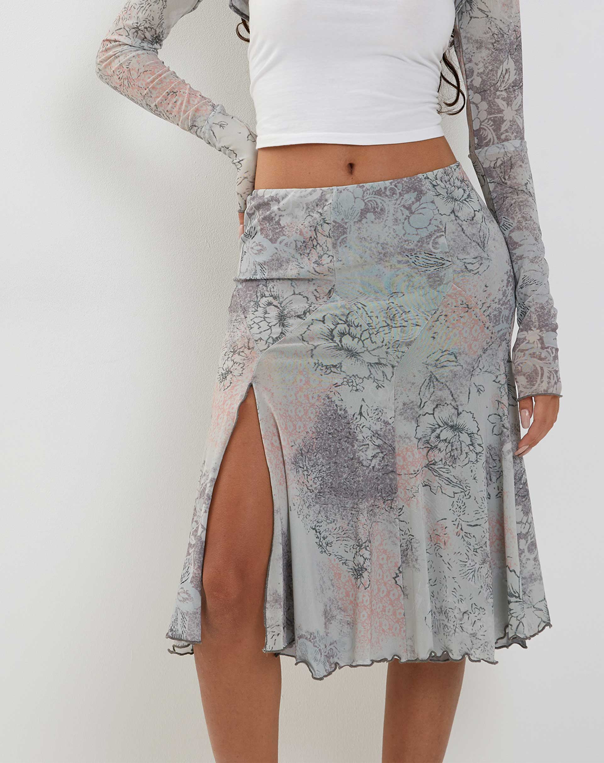 Sloane Midi Skirt in Pastel Floral Lace - Awmao