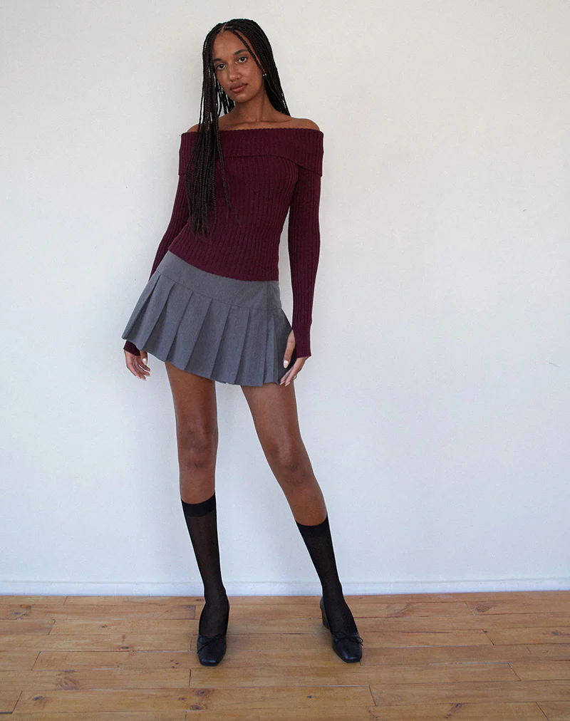 Circe Knitted Bardot Jumper in Burgundy - Awmao
