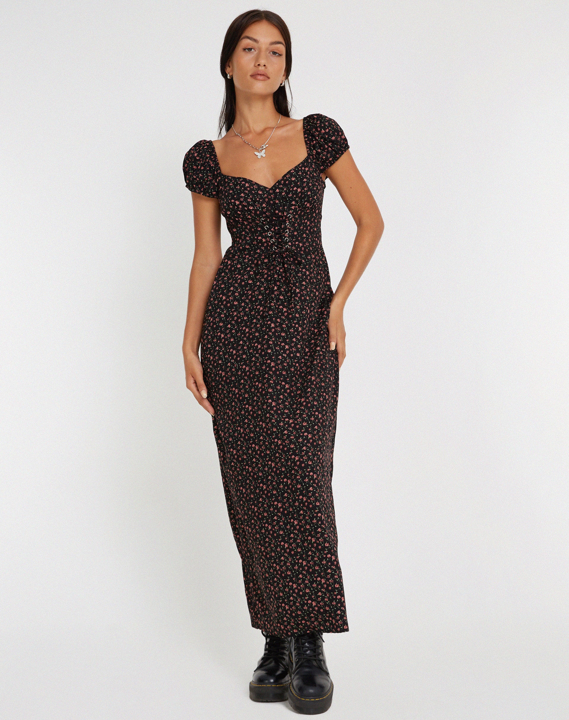 Grace Maxi Dress in Dark Pink Rose Black - Awmao