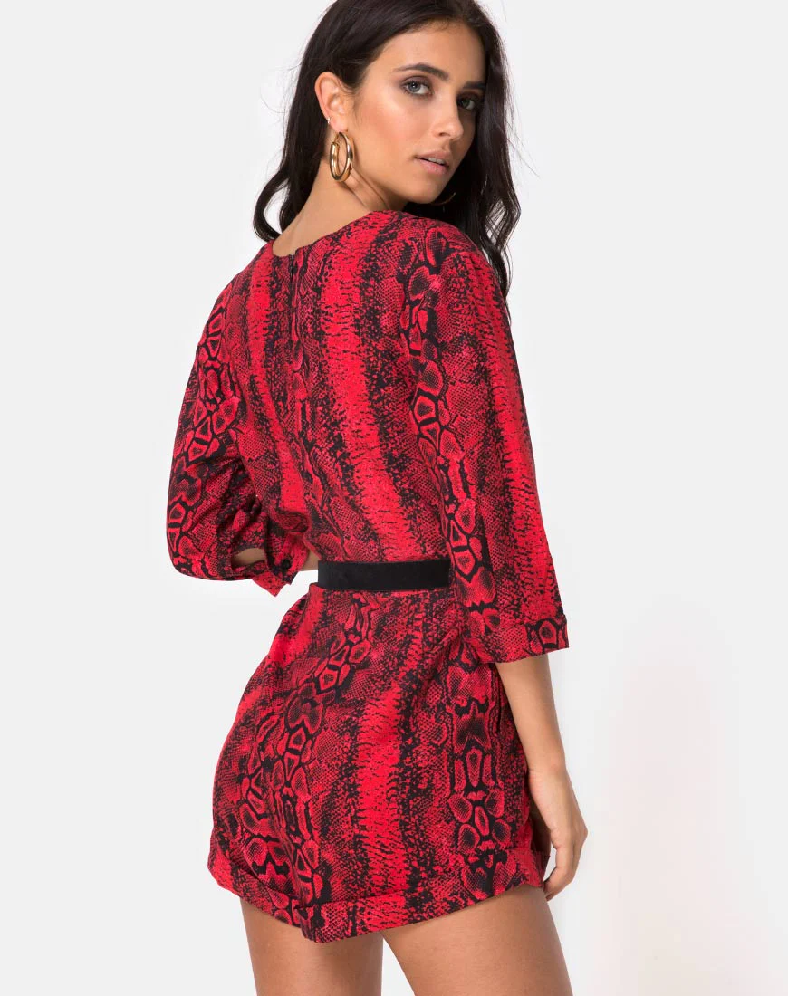 Nanic Plunge Playsuit in Snake Red - Awmao