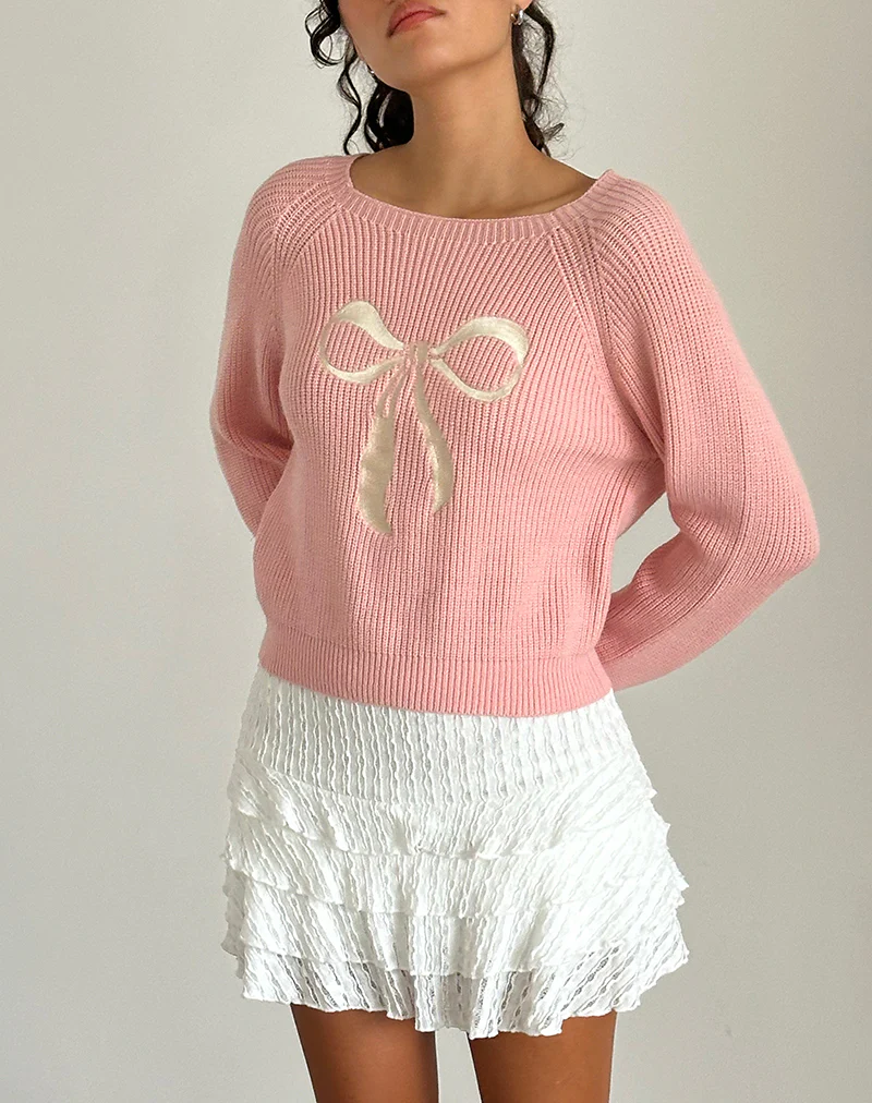 Tami Jumper in Knit Pink with White Bow Embroidery - Awmao