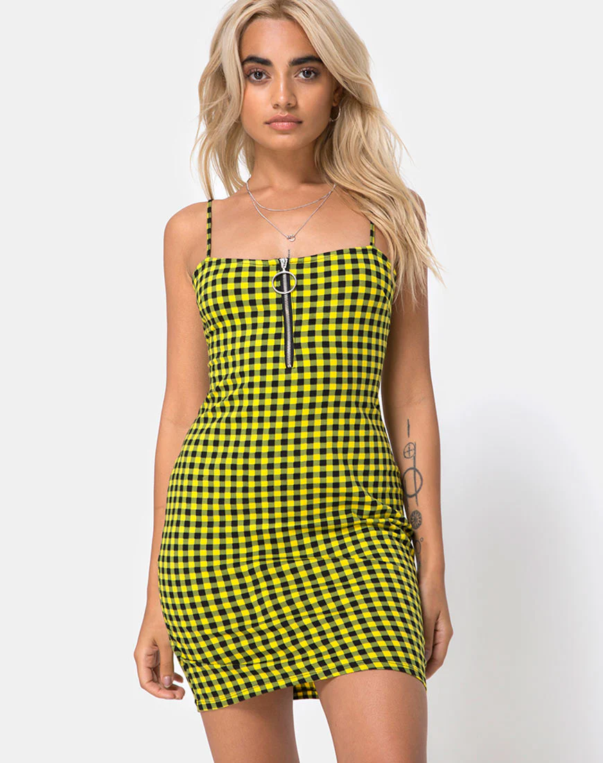 Lahzie Bodycon Dress in Medium Gingham Yellow - Awmao