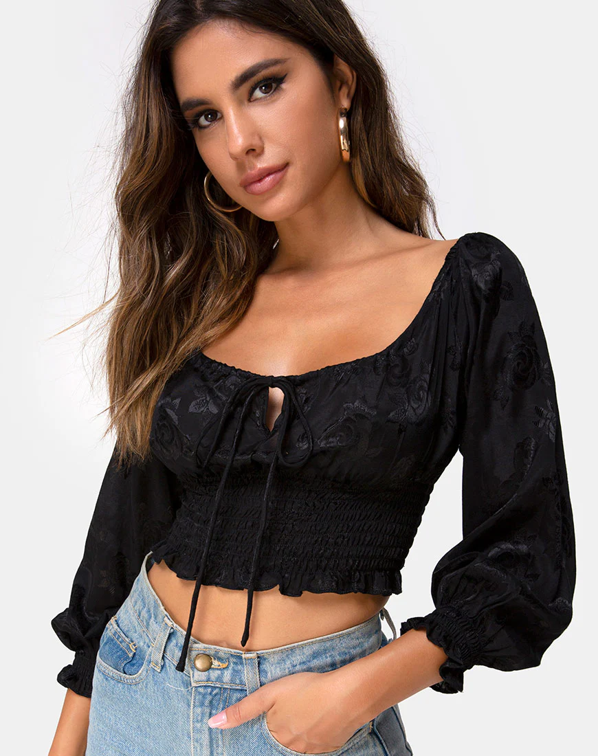 Lancer Crop Top in Satin Rose Black - Awmao