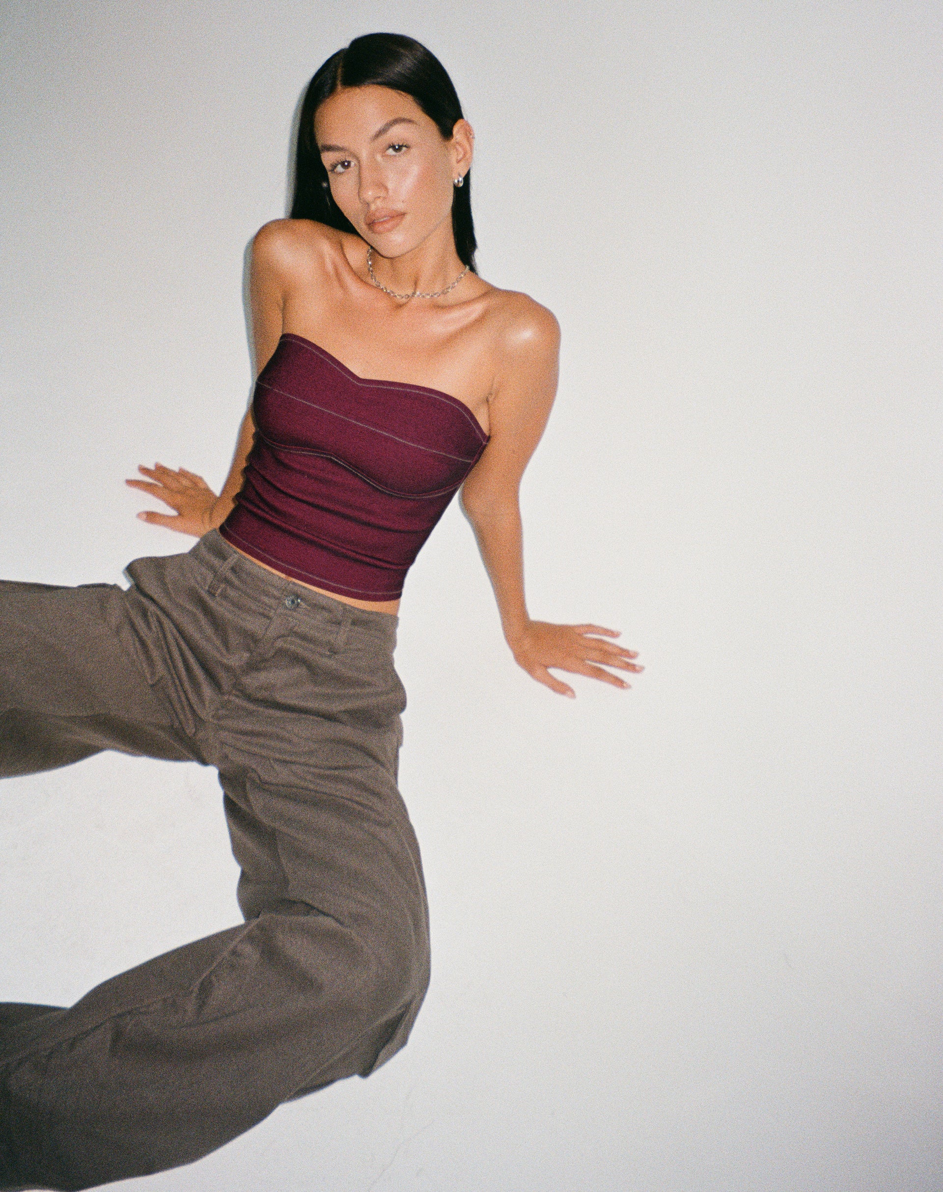 Nelly Cropped Corset Top in Burgundy with Ecru Stitch Detail - Awmao