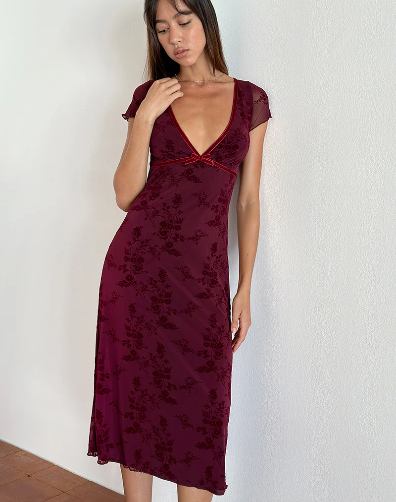 Vilinia Midi Dress in Botanical Flower Maroon - Awmao