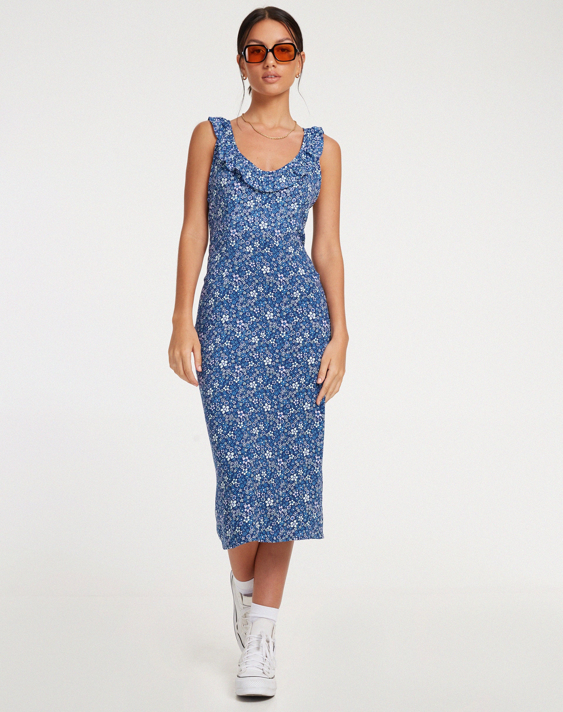 Elleta Midi Dress in Retro Floral Blue - Awmao