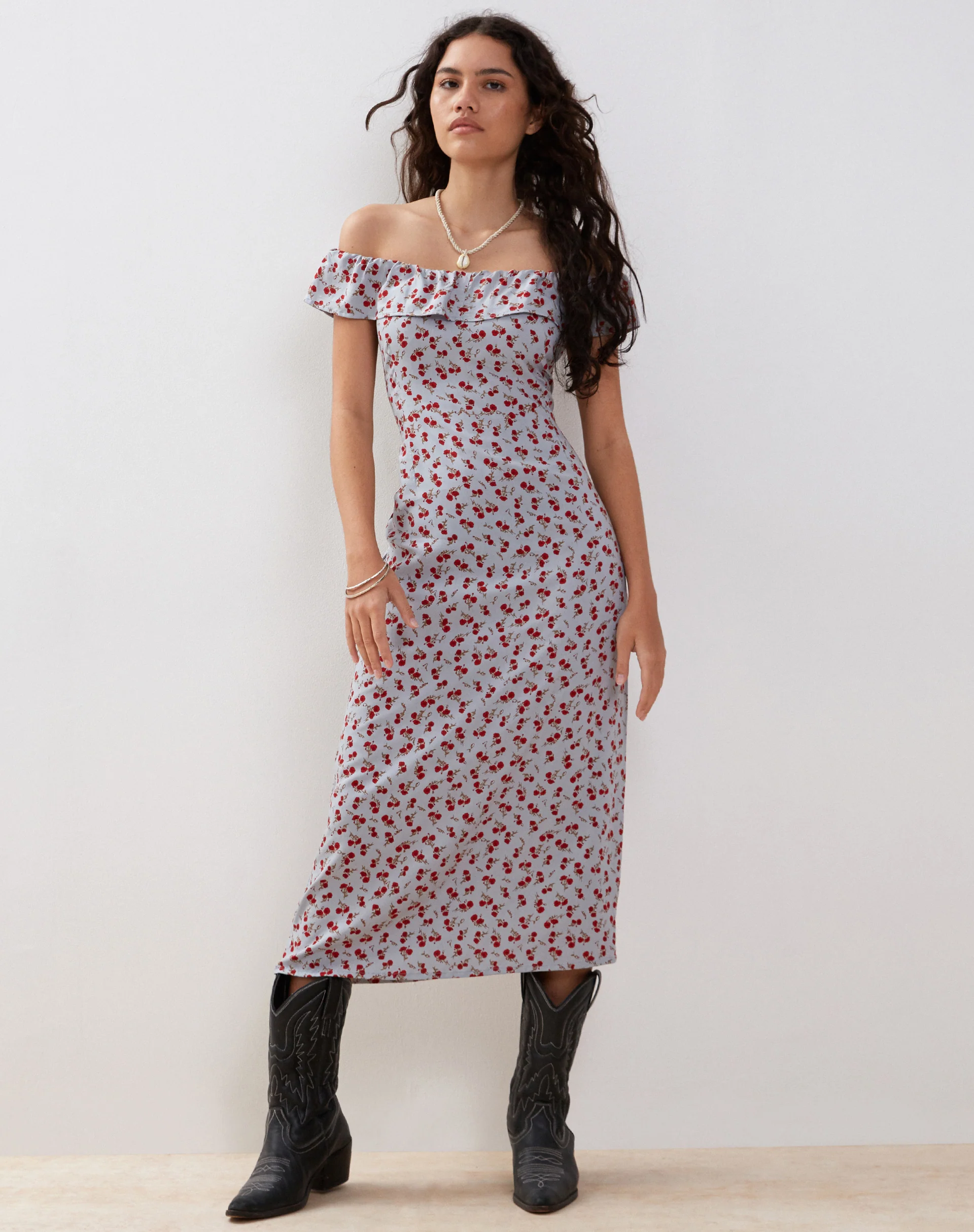 Ayudia Bardot Midi Dress in Blue Floral Ditsy - Awmao