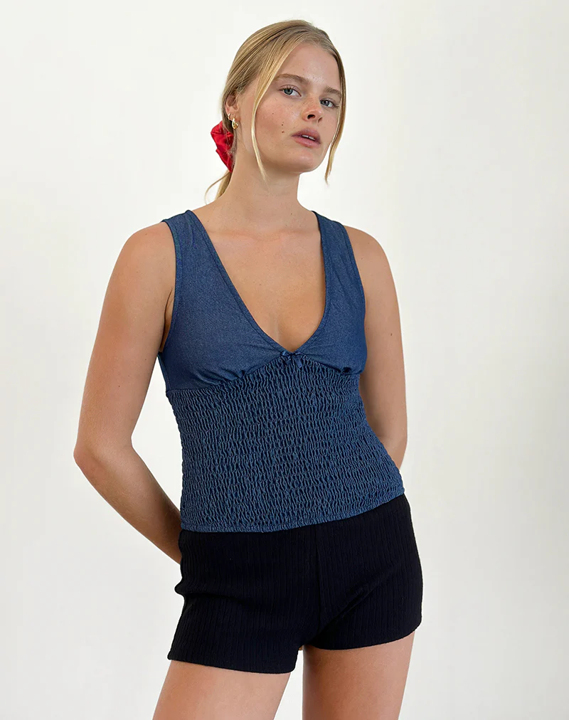 Hevalis Shirred Top in Indigo Denim Chambray - Awmao