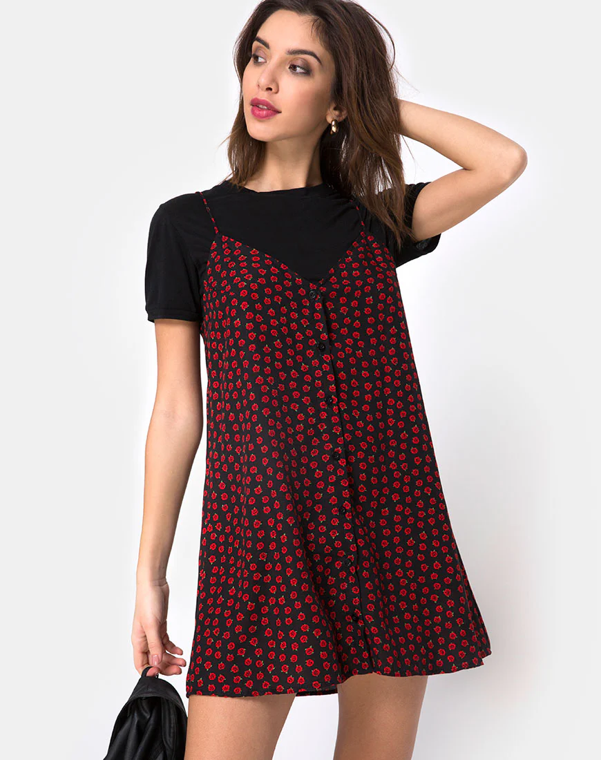 Sanna Slip Dress in Dotty Rose Black - Awmao