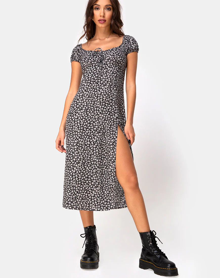 Milla Dress in Ditsy Rose Black - Awmao
