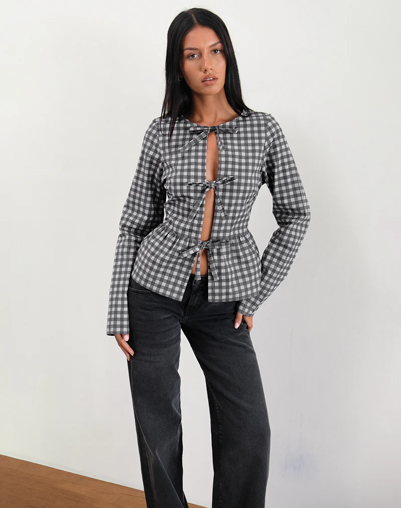 Bertaria Long Sleeve Top in Tonal Gingham Black and Grey - Awmao