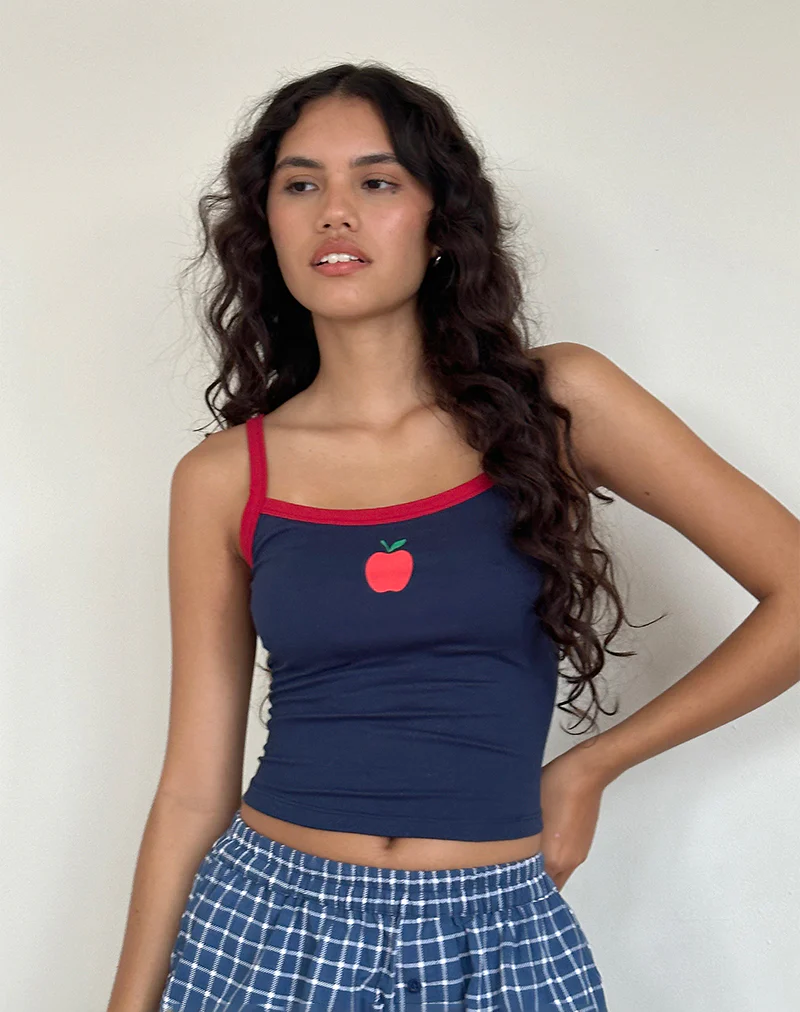 Icah Vest Top in Navy with Red Binding and Apple Motif - Awmao