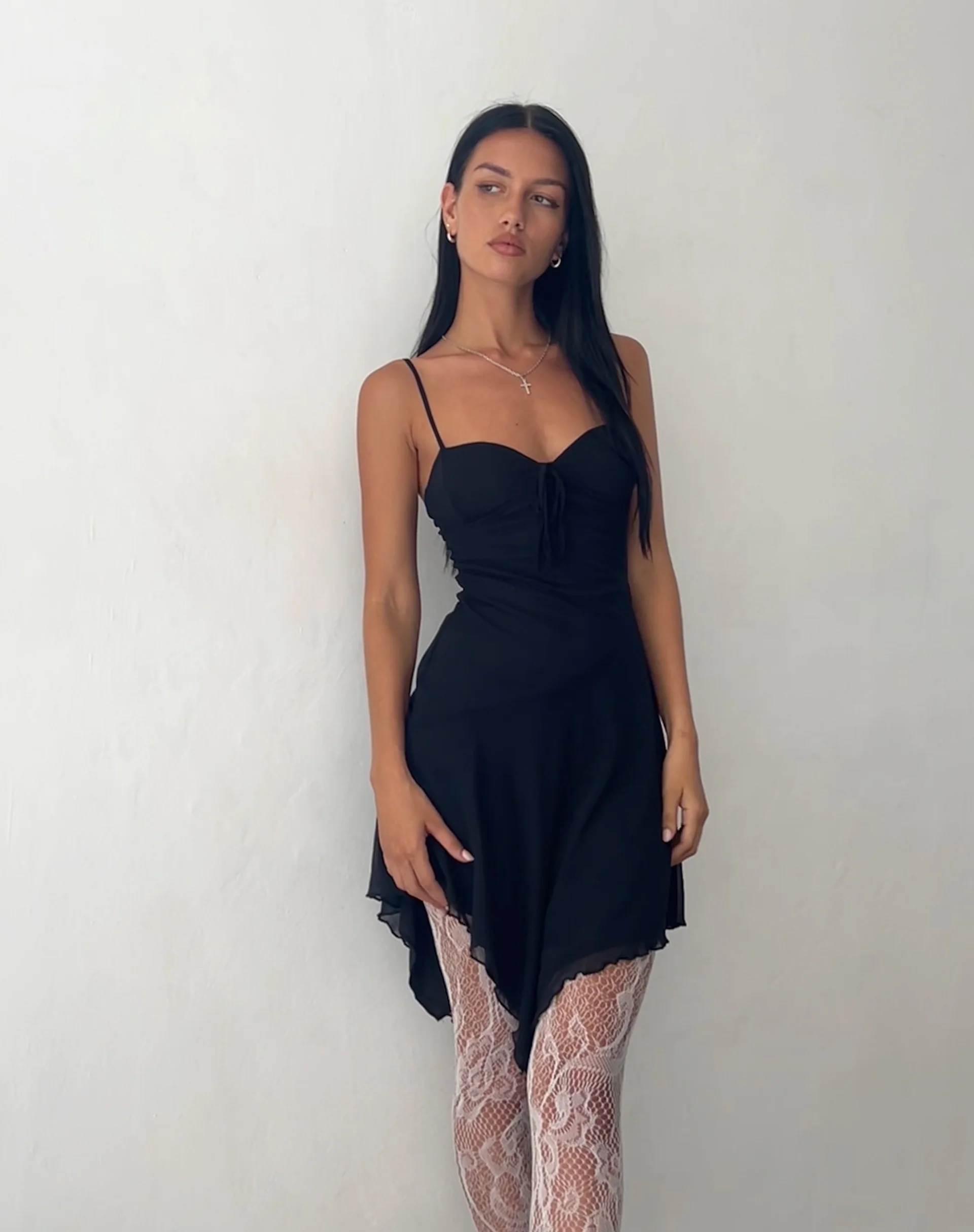 Romily Tie Front Mini Dress in Black Mesh - Awmao