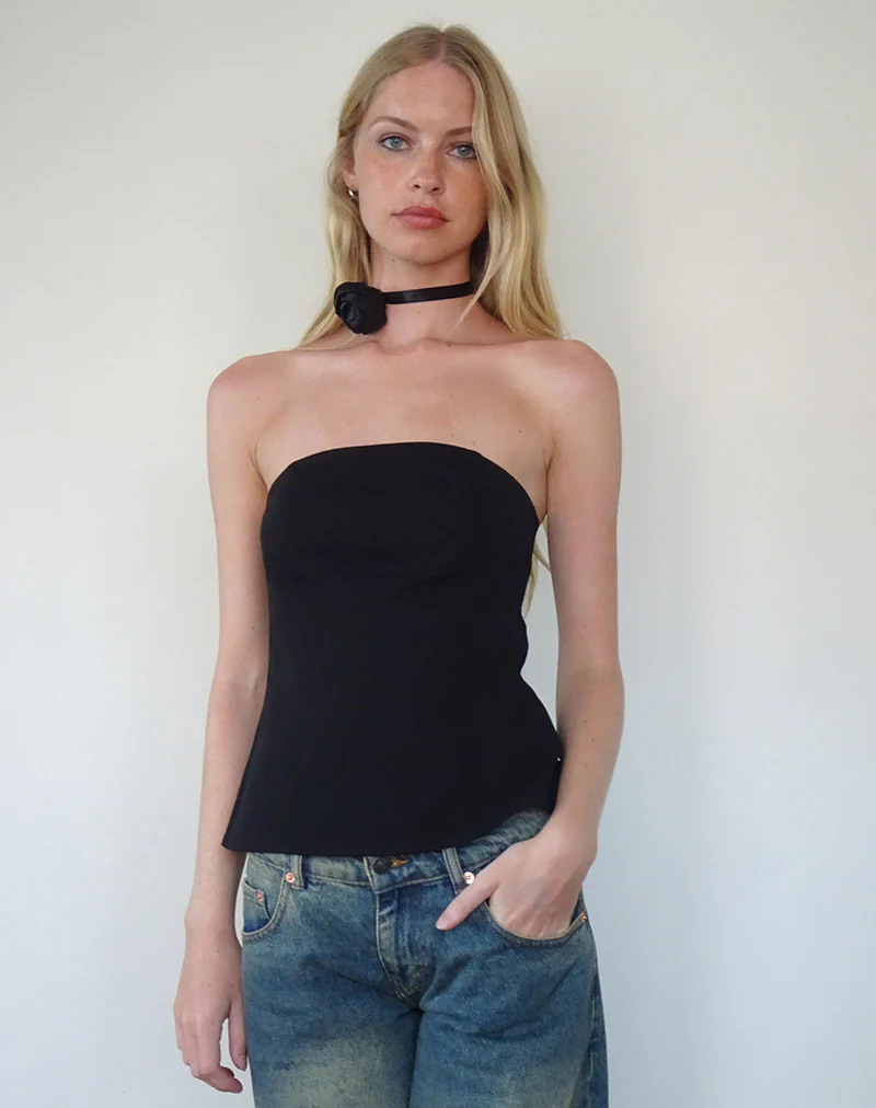 Mairi Longline Bandeau Top in Black Tailoring - Awmao