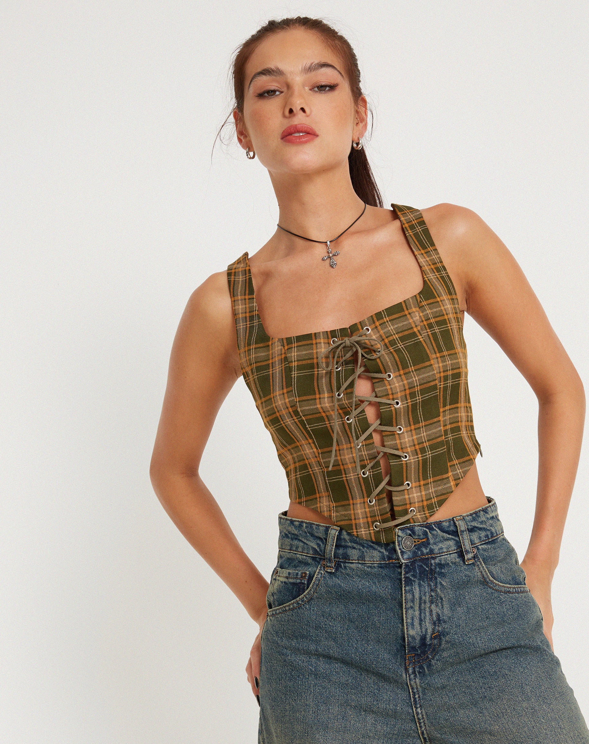 Milton Corset Top in Tartans Green Brown - Awmao