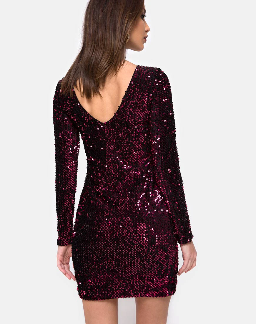 Gabby Plunge Back Dress in Wine Sequin - Awmao