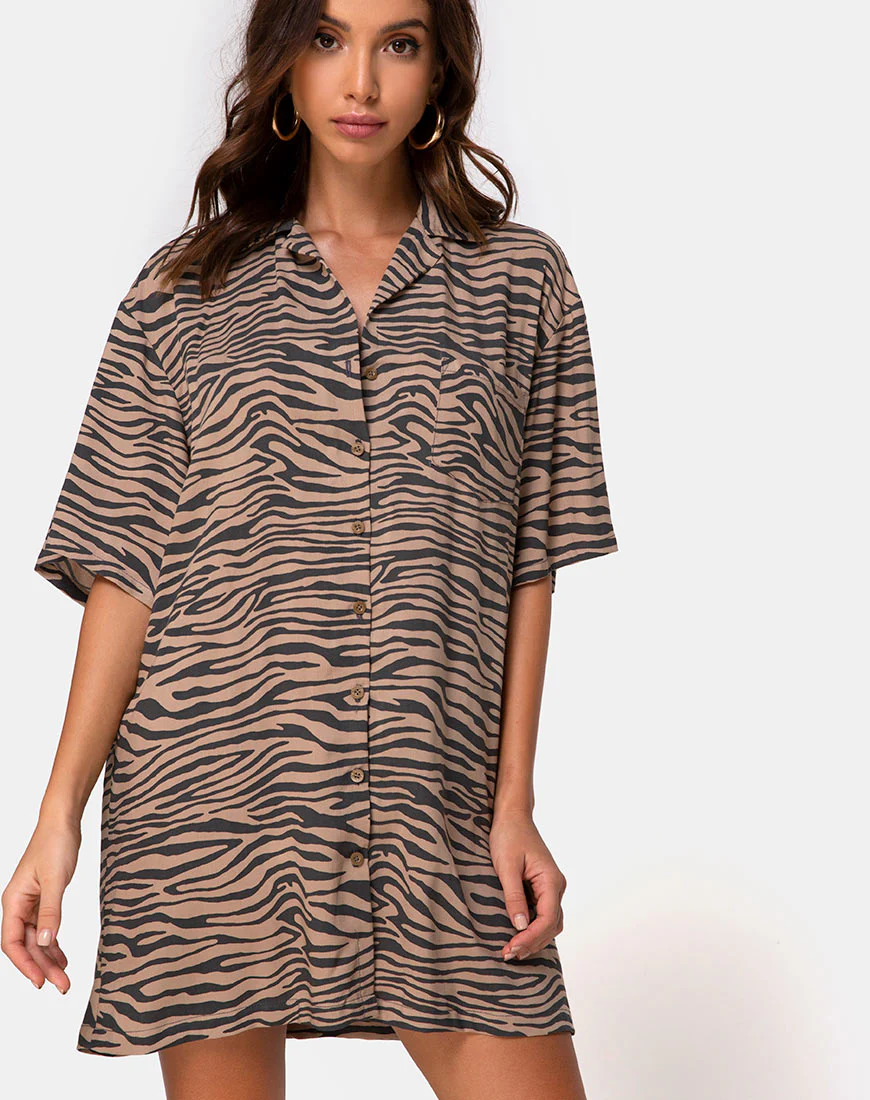 Fresia Mini Dress in Taupe Zebra - Awmao