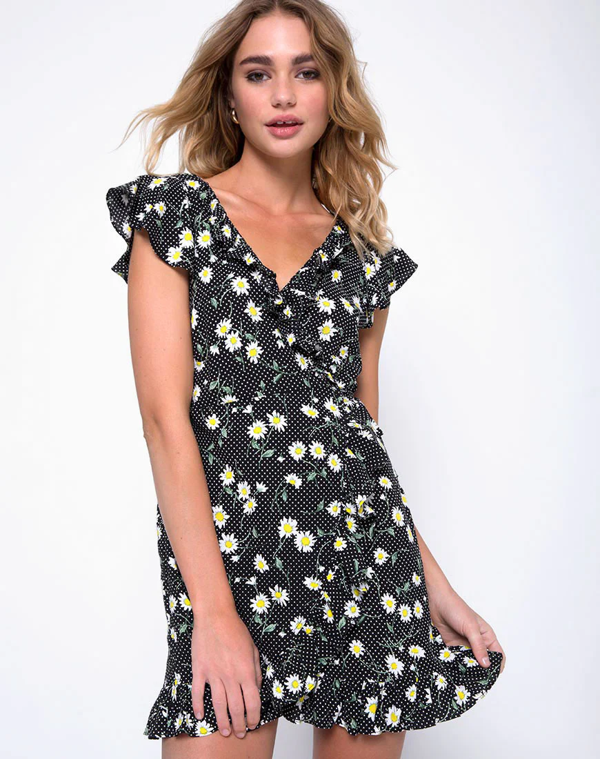 Rica Skater Dress in Polka Daisy Black - Awmao