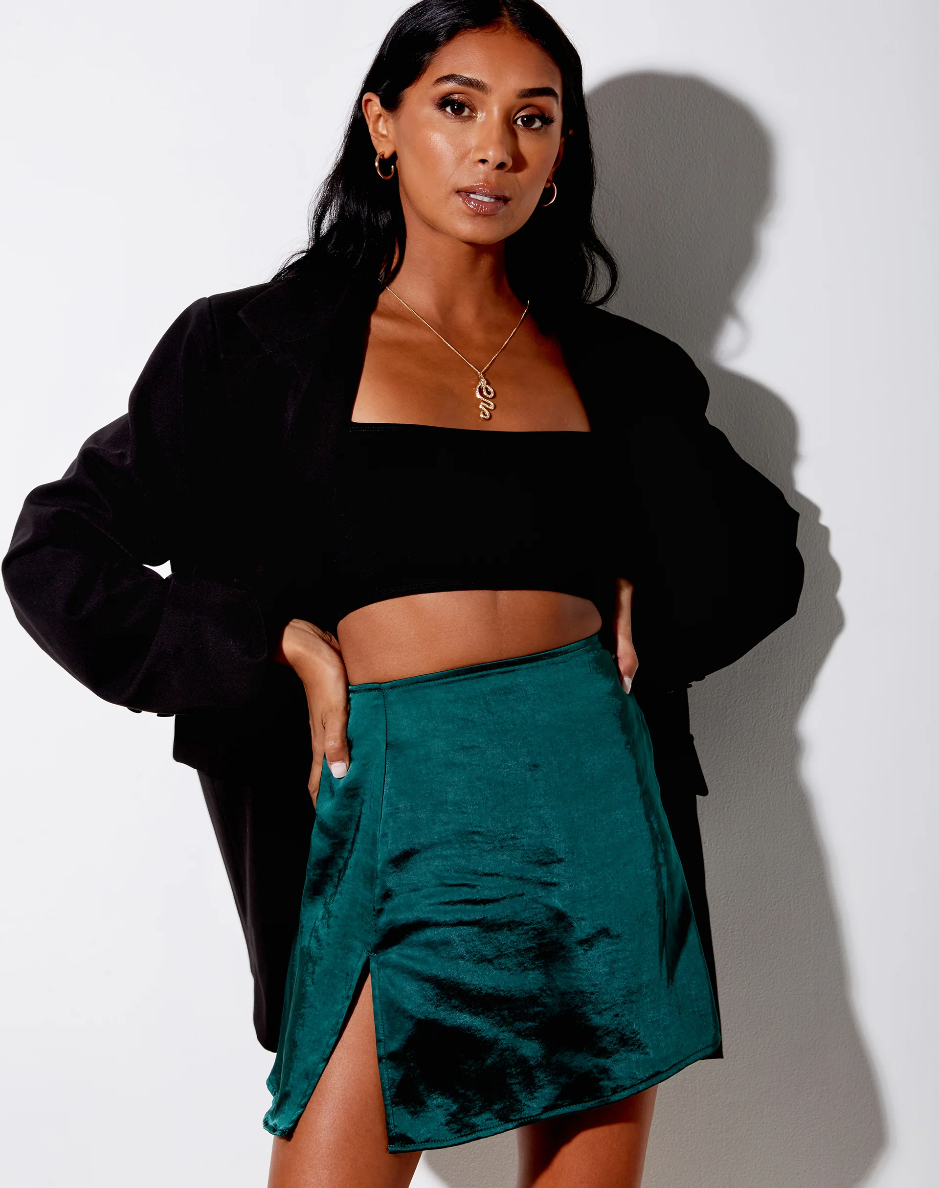Shenka Mini Skirt in Satin Forest Green - Awmao