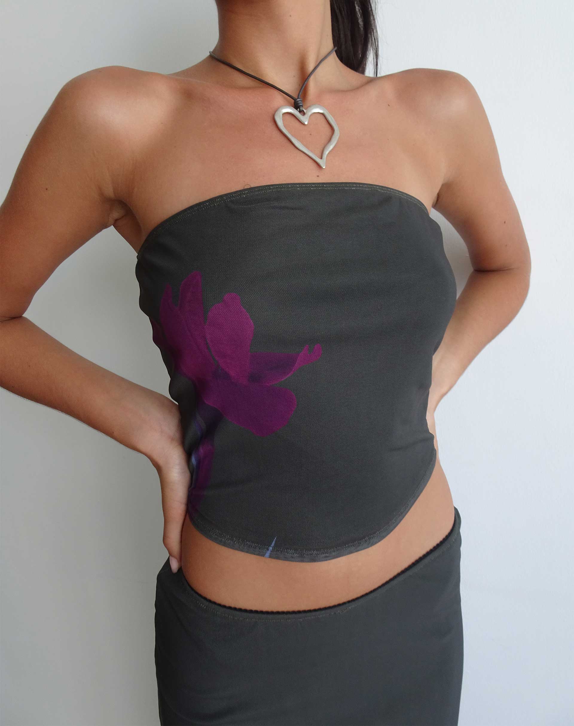 Peggy Bandeau Top in Green with Purple Flower Print - Awmao