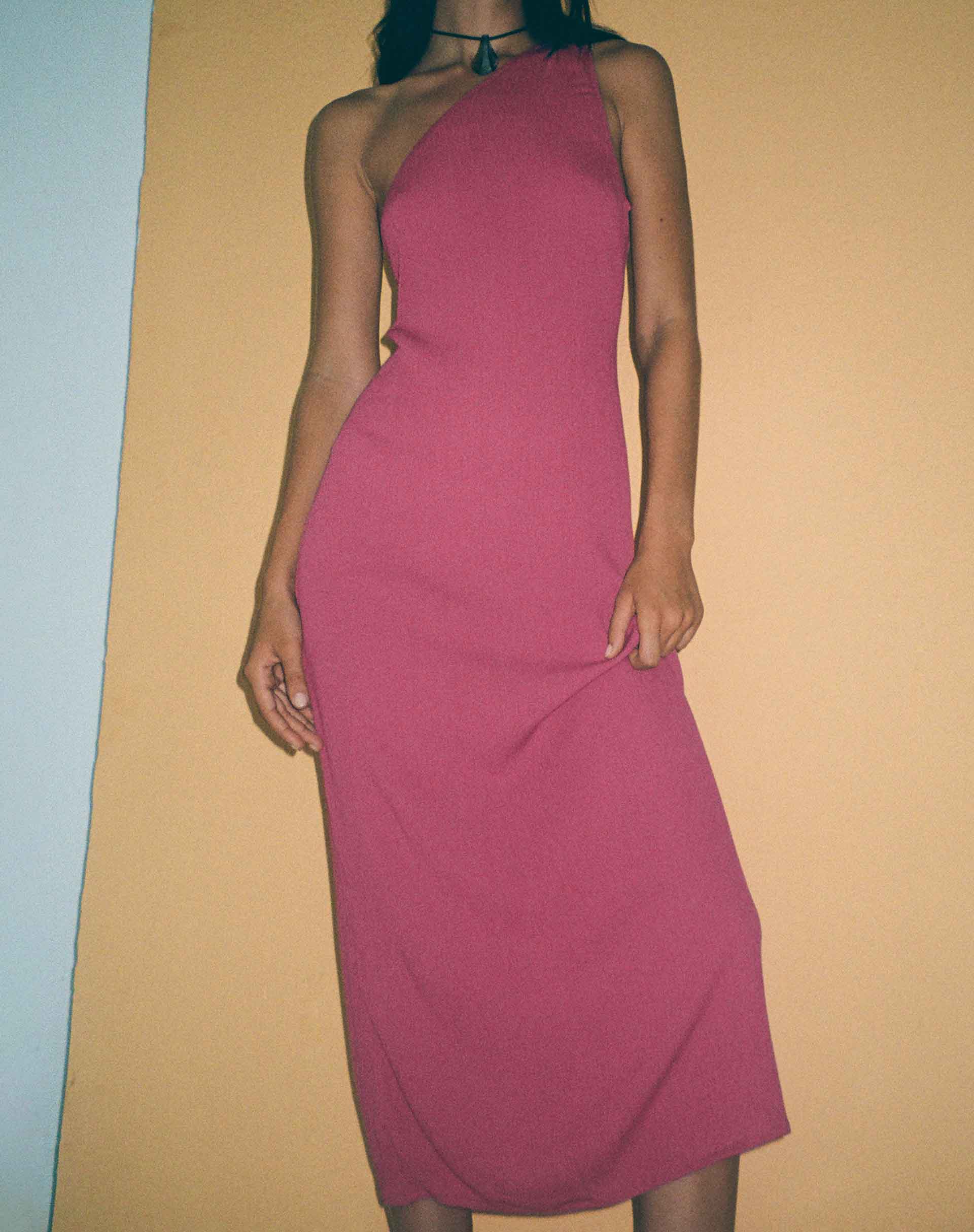 Namjun One Shoulder Midi Dress in Daco Rose Crinkle - Awmao