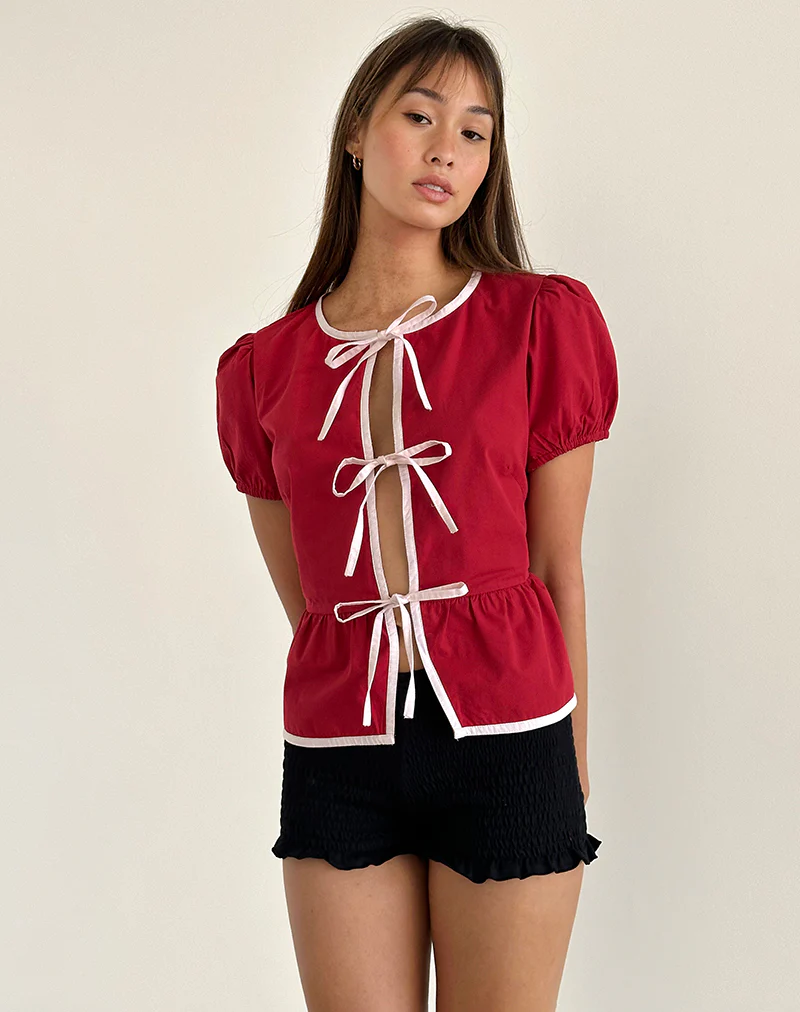 Ryota Tie Front Blouse in Adrenaline Red with Pink Binding - Awmao