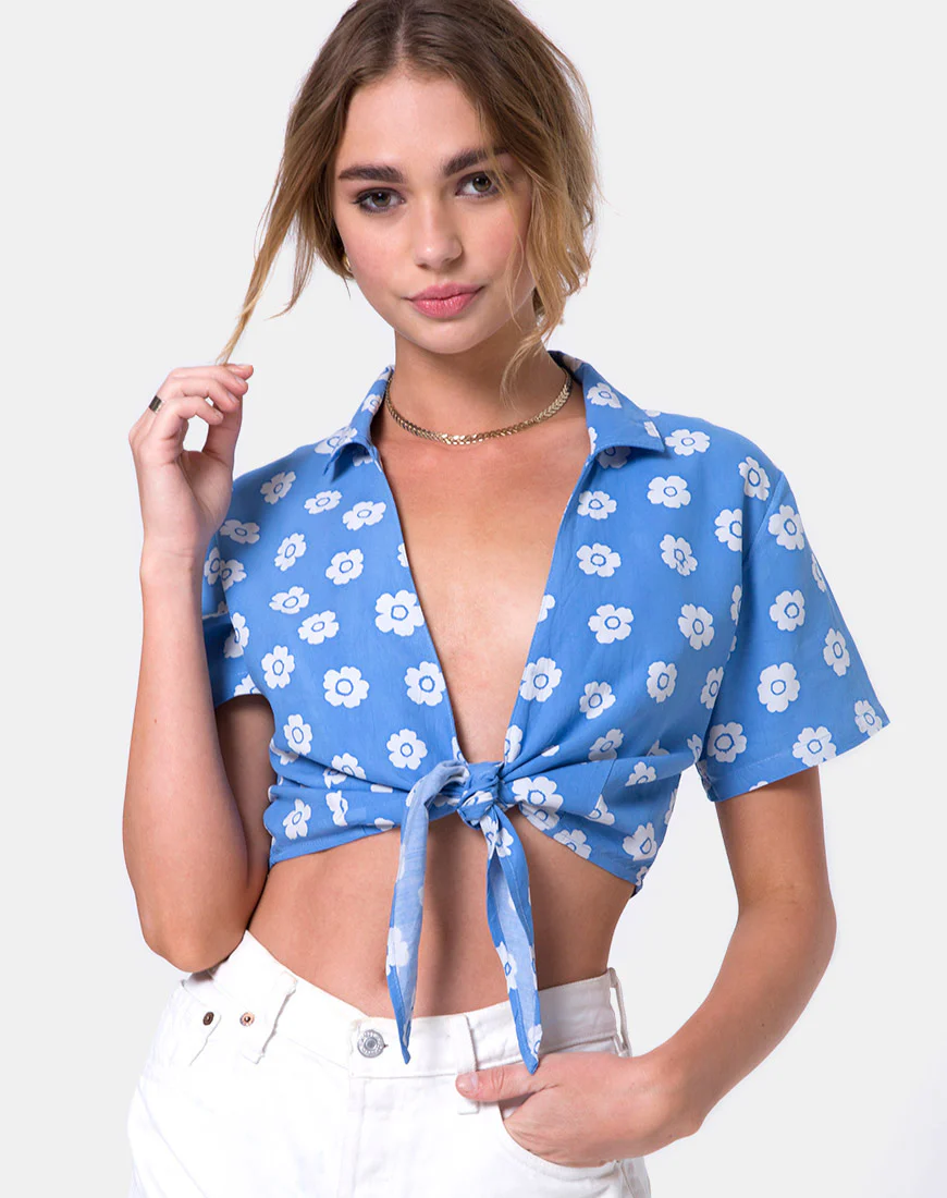 Marleigh crop Top in Daisy Stamp Sky Blue - Awmao