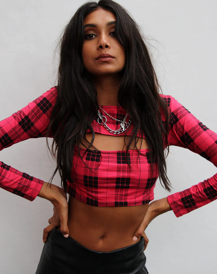 Shimla Crop Top in Winter Plaid Red / Black - Awmao