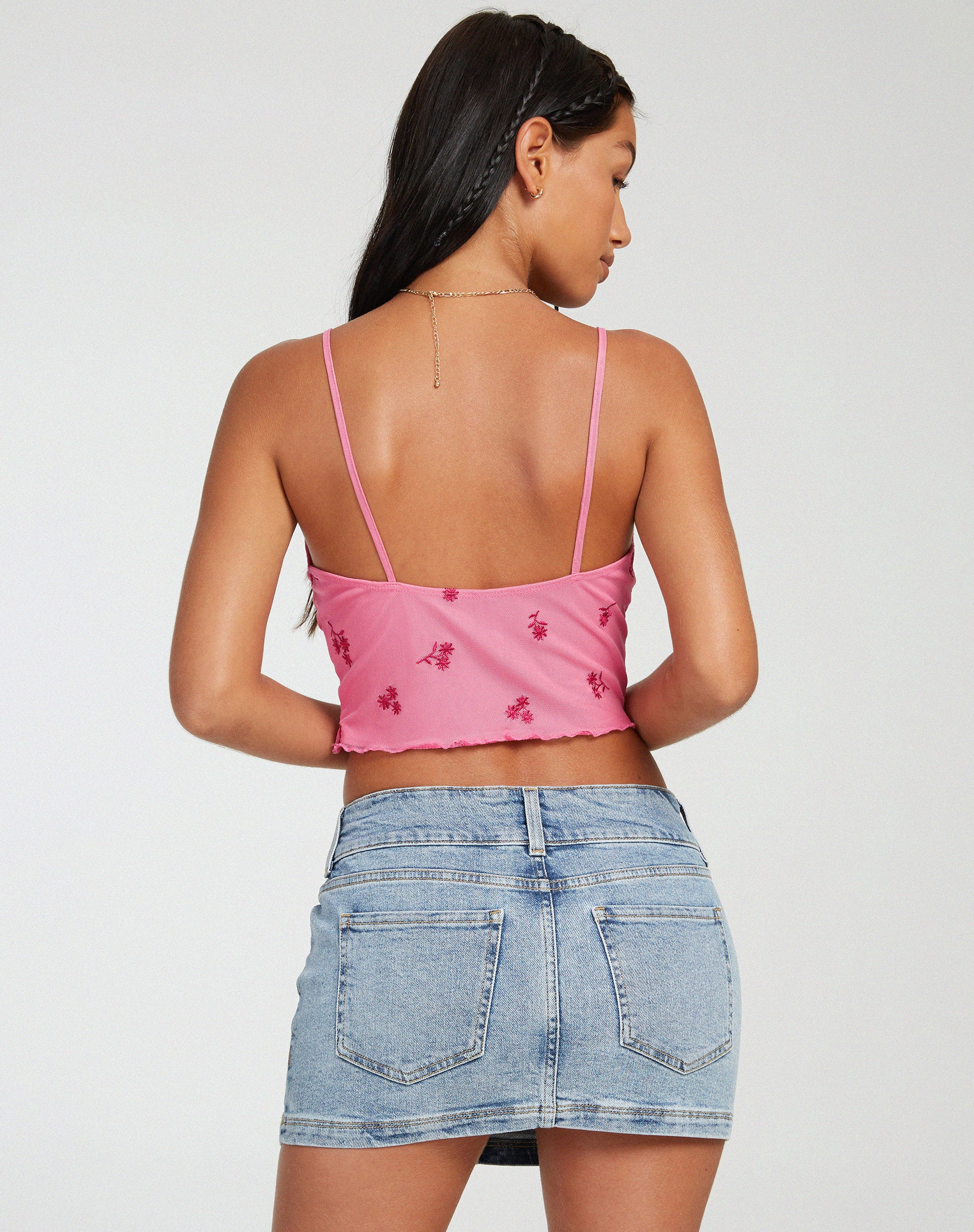 Yecaca Crop Top in Pink Ditsy Daisy Embro - Awmao