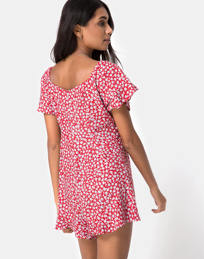 Bae Playsuit in Ditsy Rose Red and Silver - Awmao