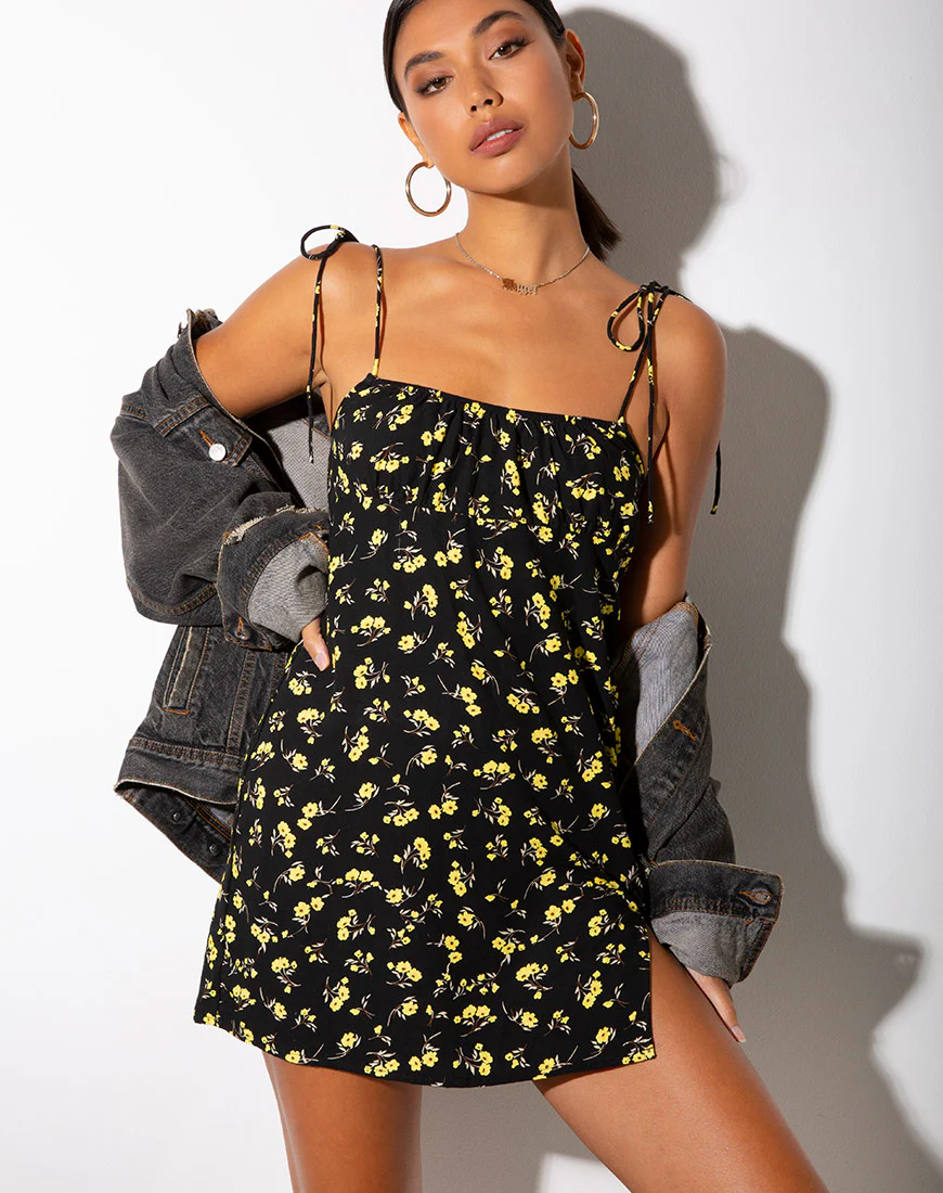 Adara Slip Dress in Buttercup Black and Yellow - Awmao