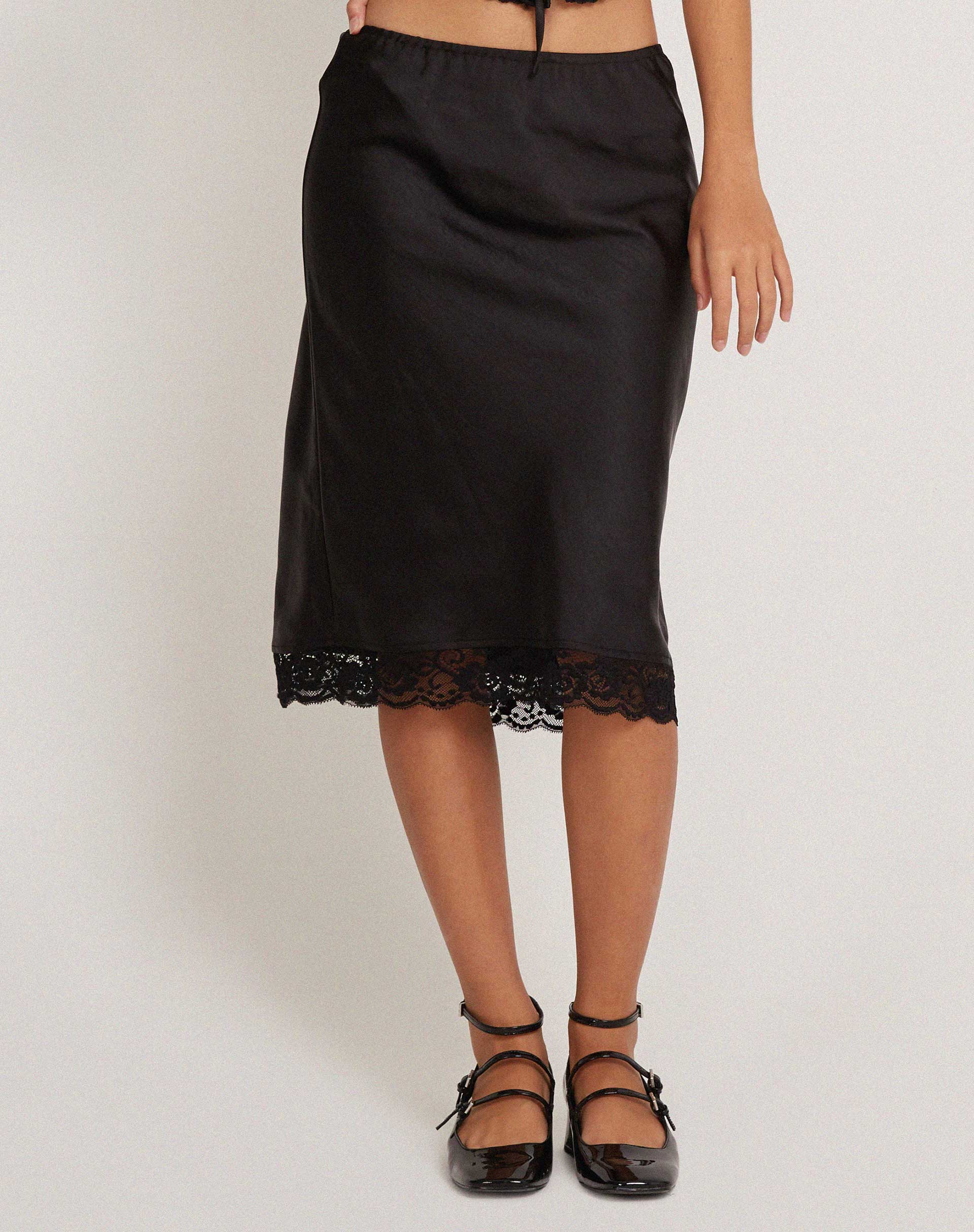 Resira Midi Skirt in Satin Pearled Black with Lace - Awmao